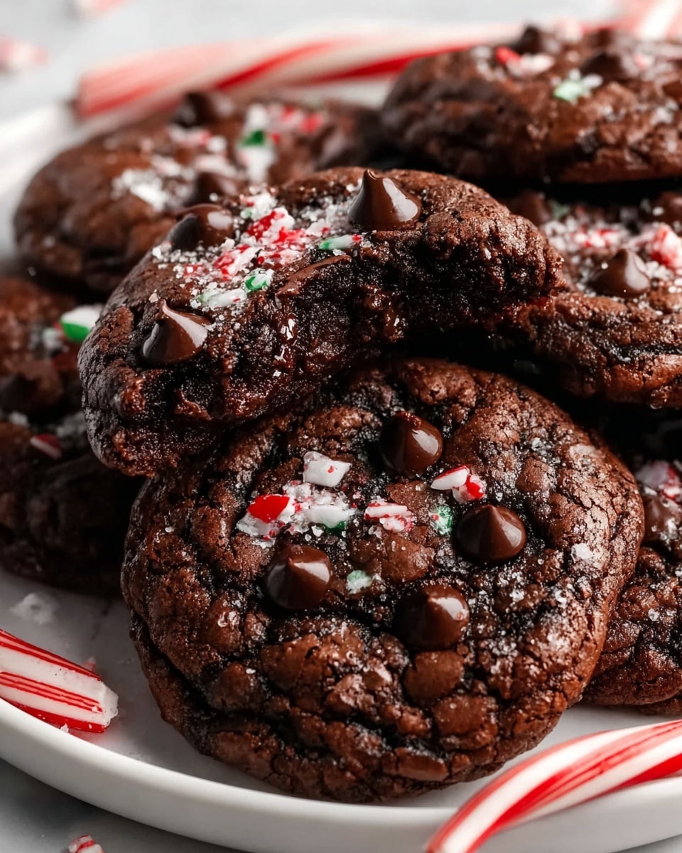 The image shows several thick, dark brown chocolate cookies with a cracked, fudgy texture. The cookies are topped with small, shiny dark chocolate chips and sprinkled with white and red crushed peppermint candy pieces that add a festive look. One cookie is broken in half, revealing a gooey, soft interior. The cookies rest closely on a white plate, set on a white marbled surface. A red and white candy cane lies beside the cookies, adding a touch of color and holiday feel. Photo taken with an iphone --ar 4:5 --v 7