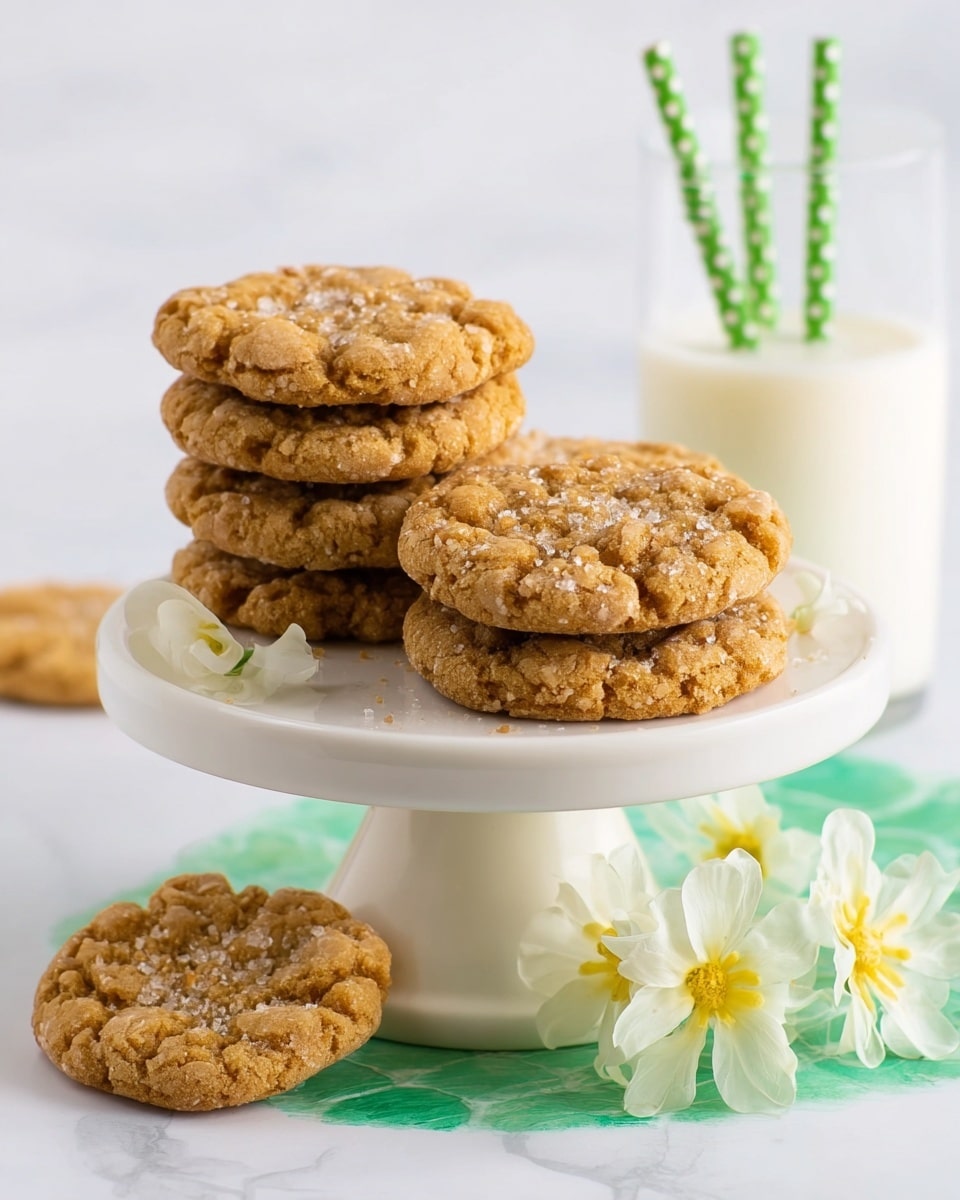 A white cake stand holds four short stacks of golden brown cookies with a crumbly texture and visible sugar crystals on top. The cookies have a rough, slightly cracked surface with light and darker brown patches. One cookie lies flat near a small cluster of white flowers with yellow centers on the right side of the stand. The background is a white marbled texture with a glass of milk to the right, containing two green and white polka dot straws. photo taken with an iphone --ar 4:5 --v 7