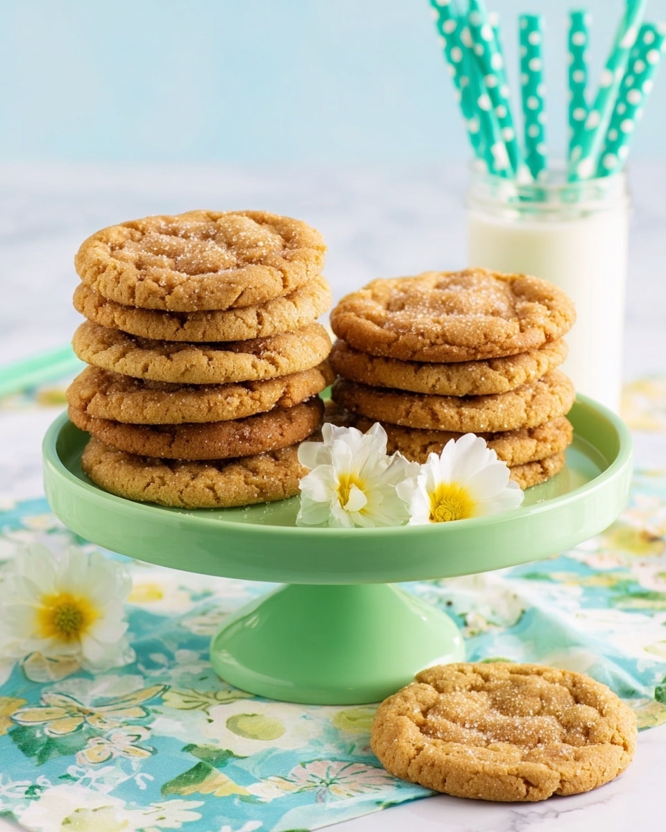 A green cake stand holds four stacks of three golden brown cookies each, showing a crumbly texture with a slightly cracked surface. Near the center bottom is a single cookie lying flat, sprinkled with sugar that glistens. To the right of the cookie stacks are small white flowers with yellow centers, adding a soft decorative touch. The stand’s smooth, glossy finish contrasts with the crunchiness of the cookies. In the background, teal straws with white polka dots and a glass of milk sit on a table covered with a light blue and white floral cloth, all set on a white marbled surface. photo taken with an iphone --ar 4:5 --v 7