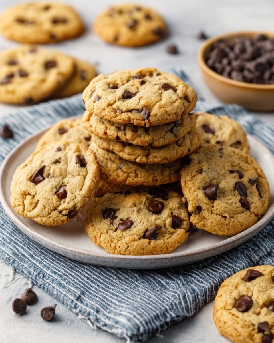 The image shows a white plate with six chocolate chip cookies arranged in a circular pattern, each cookie golden brown with visible small and large chocolate chips throughout. The cookies have a slightly cracked surface texture and appear soft and chewy. The plate sits on a white marbled texture under soft natural light, with a striped cloth underneath that adds a cozy feel. In the background, there are parts of more cookies visible on the white marbled texture. photo taken with an iphone --ar 4:5 --v 7