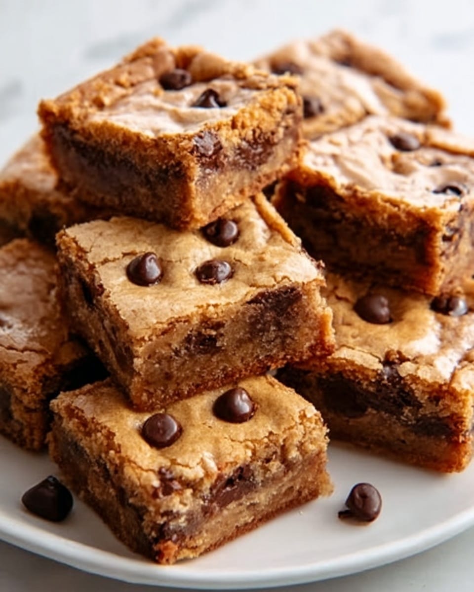 The image shows six square brownies stacked on a white plate, each brownie having a shiny, slightly cracked light brown top layer with dark brown chocolate chips spread across the surface. The brownies display a dense, moist texture with a rich, dark brown interior visible at the edges. The plate sits on a white marbled surface, adding a clean and simple background to the image. photo taken with an iphone --ar 4:5 --v 7