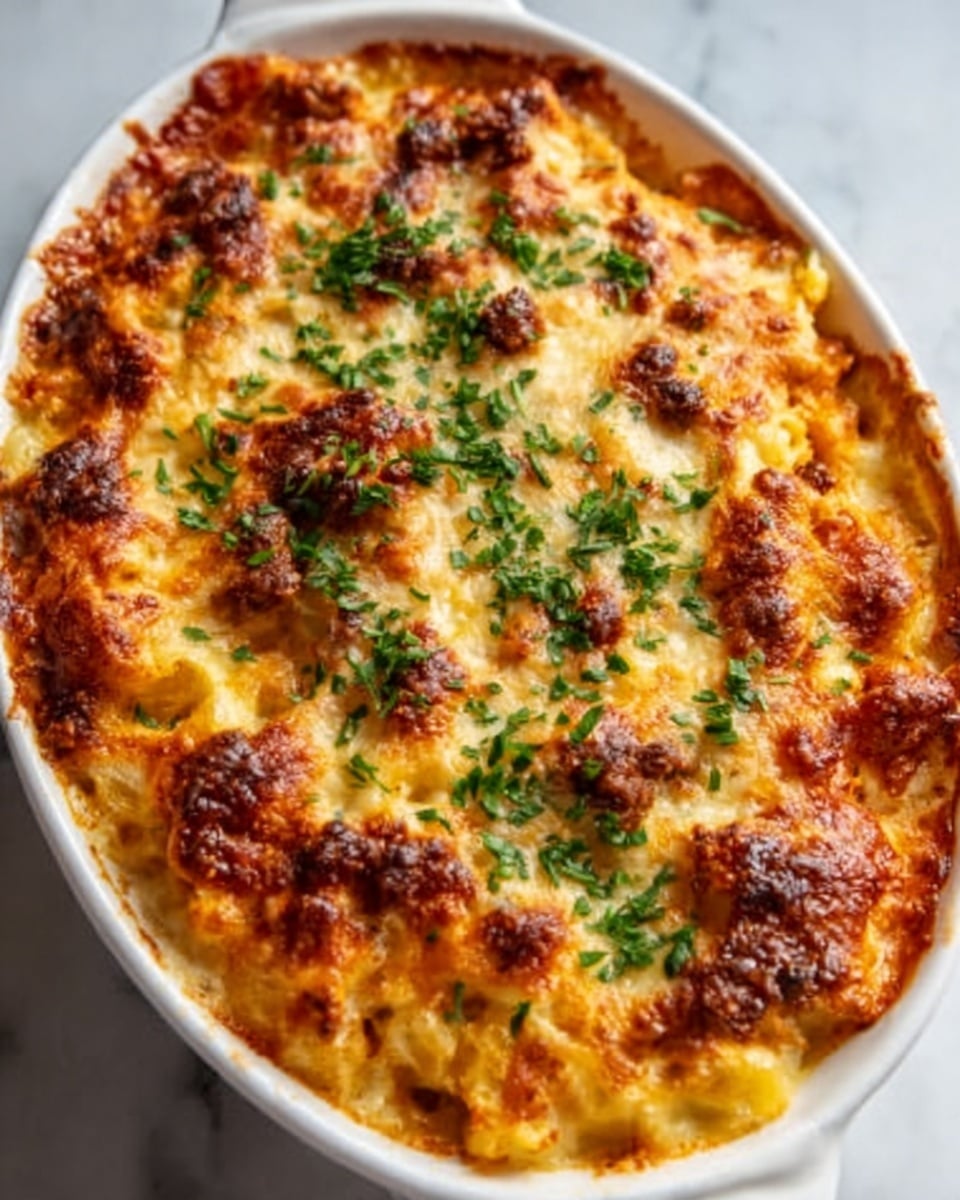 A white oval dish filled with a baked pasta dish topped with melted golden brown cheese that looks bubbly and slightly crispy in places. The cheese layer is uneven, with some darker browned spots, sprinkled with fresh green parsley that adds a bright touch on top. The pasta underneath is creamy and visible through some cracks in the cheese layer showing a rich tomato and meat sauce mixed with the pasta. The dish sits on a white marbled surface. Photo taken with an iphone --ar 4:5 --v 7