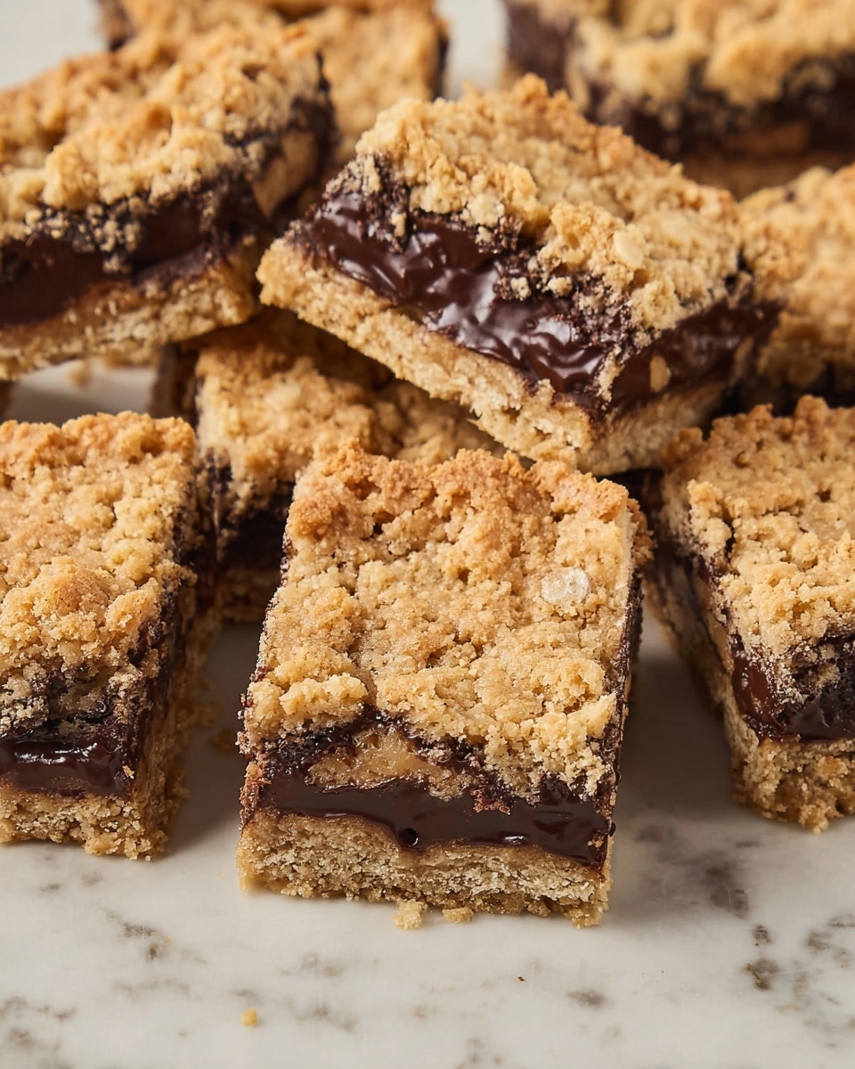The image shows several square dessert bars with two distinct layers. The top and bottom layers are crumbly and golden brown with a rough texture, looking like oat cookie crust. Between these layers is a thick, rich dark brown chocolate filling that appears smooth and creamy, slightly melted and oozing in some spots. The bars are placed close together on a white marbled surface, highlighting their textured tops and dense chocolate centers. photo taken with an iphone --ar 4:5 --v 7