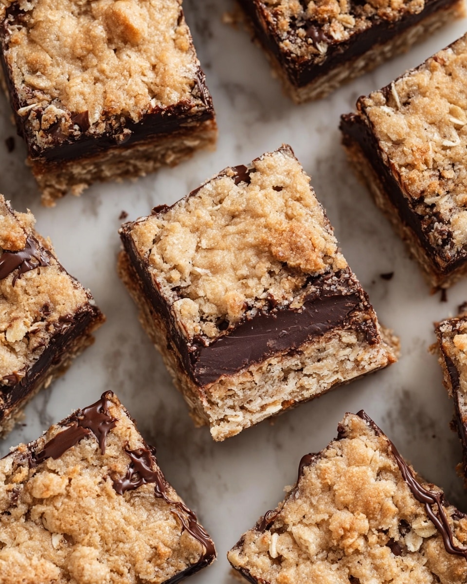 The image shows several square bars with three clear layers. The top and bottom layers are crumbly and light brown with visible oat flakes, giving a rough texture. The middle layer is thick, smooth, and dark brown chocolate, which looks rich and slightly glossy. The bars are close together on a white marbled surface, and some pieces have small chocolate strands connecting them. Photo taken with an iphone --ar 4:5 --v 7