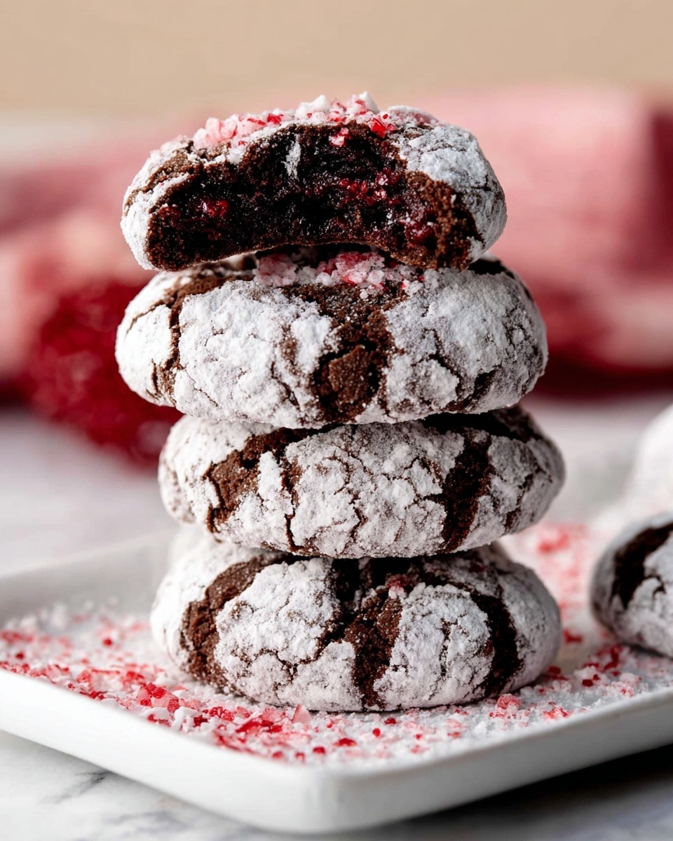 A stack of four thick chocolate crinkle cookies sits on a white rectangular plate, each cookie covered with a cracked white powdered sugar layer showing dark brown chocolate beneath. The top cookie is broken in half, revealing a moist and dense dark chocolate interior with slight red sprinkles on the powdered sugar surface. Some red crumbs are scattered on the plate and powdered sugar dusts the base of the cookies, all placed on a white marbled texture. In the background, a blurred soft pink cloth adds a warm touch. Photo taken with an iphone --ar 4:5 --v 7