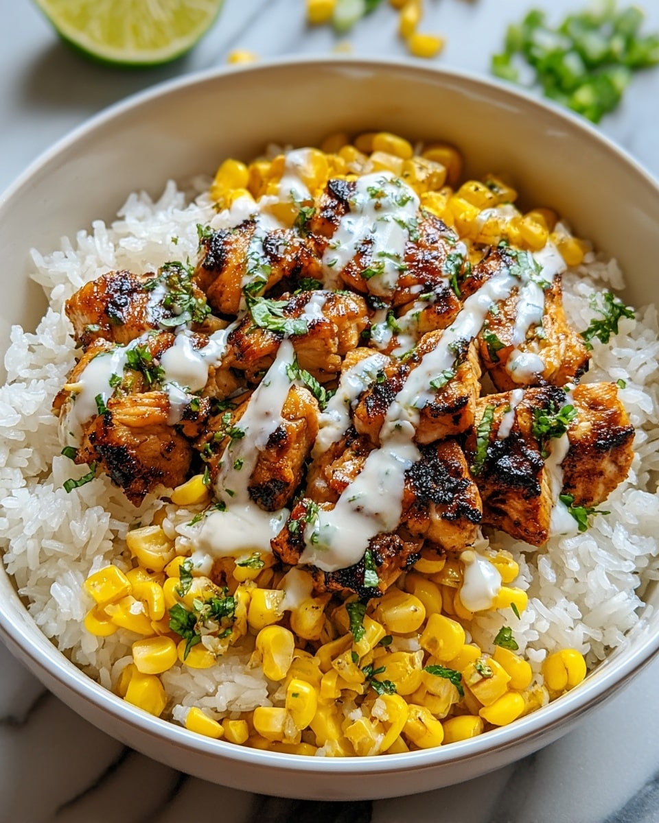 A white bowl filled with three layers: the bottom layer is plain white rice with soft, fluffy texture; the middle layer is bright yellow corn kernels scattered generously on the rice; the top layer consists of grilled chicken pieces with a charred, golden brown surface, drizzled with a creamy white sauce and sprinkled with chopped green herbs, likely cilantro. The bowl rests on a white marbled surface with a lime wedge and some green onion pieces visible in the blurred background. Photo taken with an iphone --ar 4:5 --v 7
