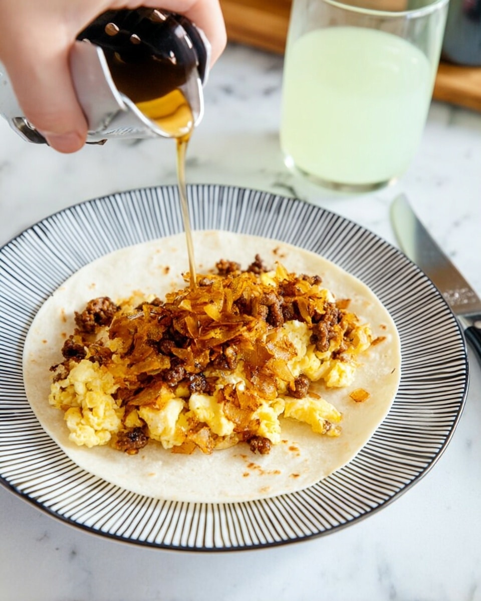 A white plate with a black striped border holds a single soft tortilla at the bottom layer. On top of the tortilla, there is a layer of scrambled eggs mixed with browned ground meat and golden, crispy hash browns scattered unevenly. A woman's hand is pouring a light brown syrup over the eggs and hash browns. The plate rests on a white marbled surface with a glass of light green liquid and a silver knife nearby. Photo taken with an iphone --ar 4:5 --v 7