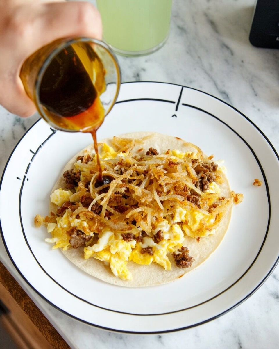A white plate with black lines around the edge holds a single soft taco. The taco is made with one light brown tortilla as the base layer. On top sits a layer of soft scrambled eggs mixed with small pieces of browned ground meat, slightly greasy and yellowish with spots of brown. Scattered thin, golden-brown hash brown strips cover the eggs. A woman's hand is seen pouring a thin, dark brown sauce over the taco. The plate sits on a white marbled textured surface, and to the left, there is a glass with a light greenish drink. Photo taken with an iphone --ar 4:5 --v 7