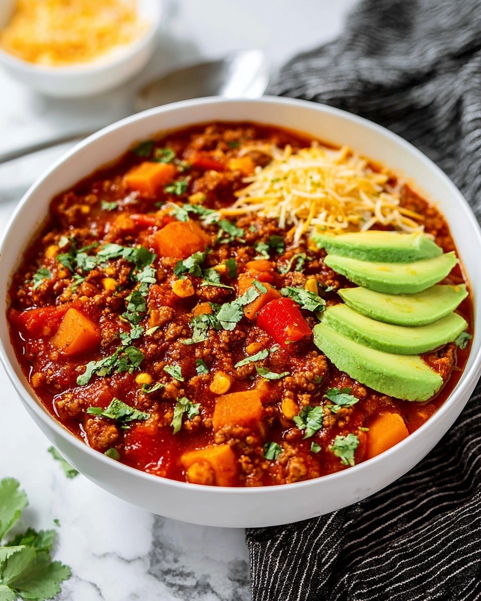 A white bowl filled with a rich, chunky chili made of browned ground meat and diced orange sweet potatoes in a thick red tomato sauce, mixed with pieces of corn and red bell pepper, garnished with fresh green cilantro leaves scattered on top. On one side of the bowl, thin slices of bright green avocado add a smooth texture, while a small mound of shredded pale yellow cheddar cheese sits next to the avocado, lightly melting into the chili. The bowl is placed on a white marbled surface with a black and white striped cloth nearby, and a small white bowl with a bit of extra shredded cheese blurred in the background. The lighting is bright and soft, highlighting the textures and colors of the food, photo taken with an iphone --ar 4:5 --v 7
