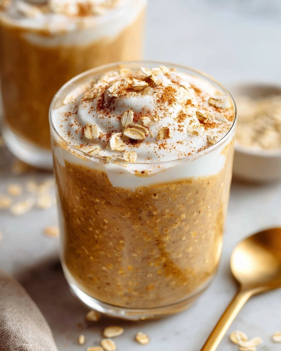 A clear glass filled with a thick, light brown oatmeal mixture forms the base layer, topped with a smooth white swirl of cream or yogurt, sprinkled with light tan rolled oats and a fine dusting of brown cinnamon powder. The surface has a slightly textured look from the oats, and the glass is positioned on a white marbled surface. In the background, there is a blurred second glass with a similar mixture, and a gold spoon lies nearby on the white marbled surface. photo taken with an iphone --ar 4:5 --v 7