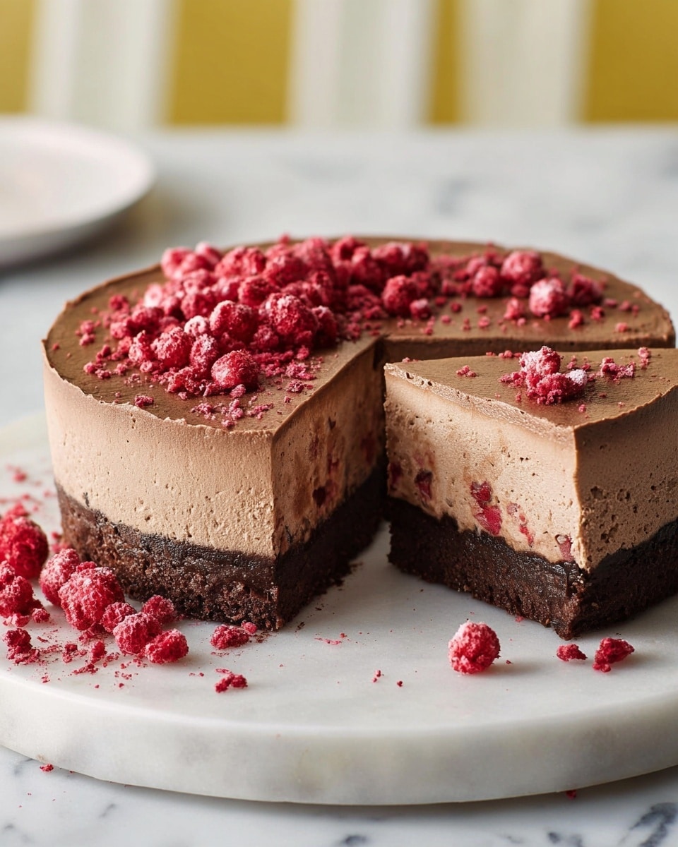 A round chocolate mousse cake with three visible layers sits on a white marble plate. The bottom layer is a dark, dense chocolate cake base. Above this is a middle layer of slightly lighter, creamy chocolate mousse with a glossy texture and bits of red fruit embedded inside. The top layer is a smooth, light brown chocolate mousse coated evenly and sprinkled with bright red freeze-dried raspberries, some whole and some crushed, scattered on the surface and around the plate. One slice is cut and slightly lifted from the cake, showing the layers clearly. The setting includes a white marbled surface with a blurred yellow and white background. Photo taken with an iphone --ar 4:5 --v 7
