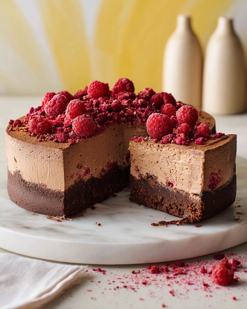A three-layer round chocolate mousse cake sits on a white marbled plate, with one slice cut out and placed slightly forward. The bottom layer is dark brown and dense like a chocolate brownie base. The middle layer is a lighter brown chocolate mousse with small pieces of raspberry embedded inside. The top layer is a smooth, thicker chocolate mousse, darker than the middle layer. The cake is topped with whole and crushed bright red freeze-dried raspberries scattered generously, and some raspberry crumbs are also spread around the plate. The background shows two tall beige jars and a soft yellow and white abstract wall. Photo taken with an iphone --ar 4:5 --v 7