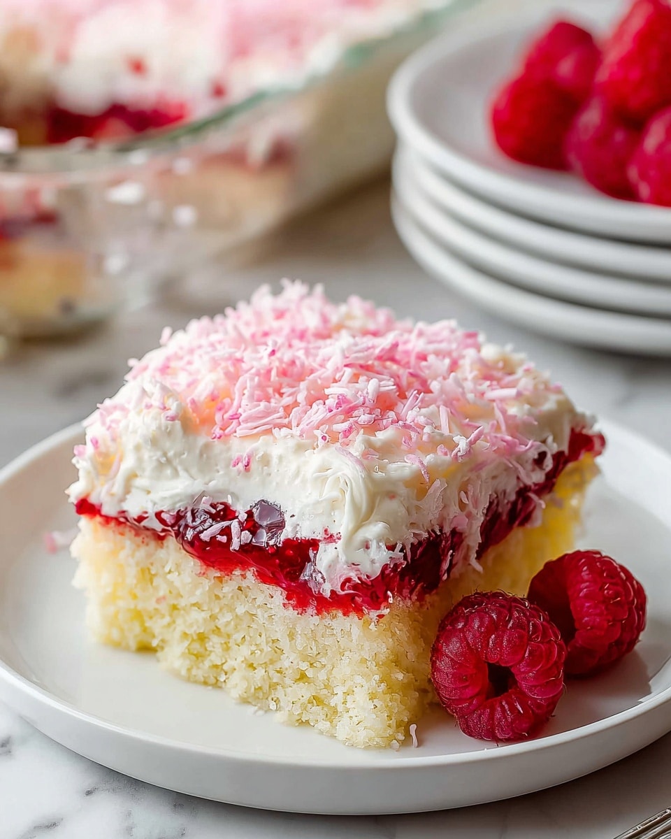 A close-up of a three-layered dessert square on a white plate, placed on a white marbled surface. The bottom layer is a soft, light yellow cake with a moist texture. Above it is a bright red berry jam layer, thick and slightly shiny with visible small fruit bits. The top layer is creamy white frosting, smooth and soft, covered generously with shredded pink coconut flakes that add texture and color contrast. Two fresh red raspberries sit next to the dessert on the plate. In the background, there is a white plate stack with another piece of the dessert and some raspberries, and a glass dish filled with the same three-layered cake is partly visible. Photo taken with an iphone --ar 4:5 --v 7