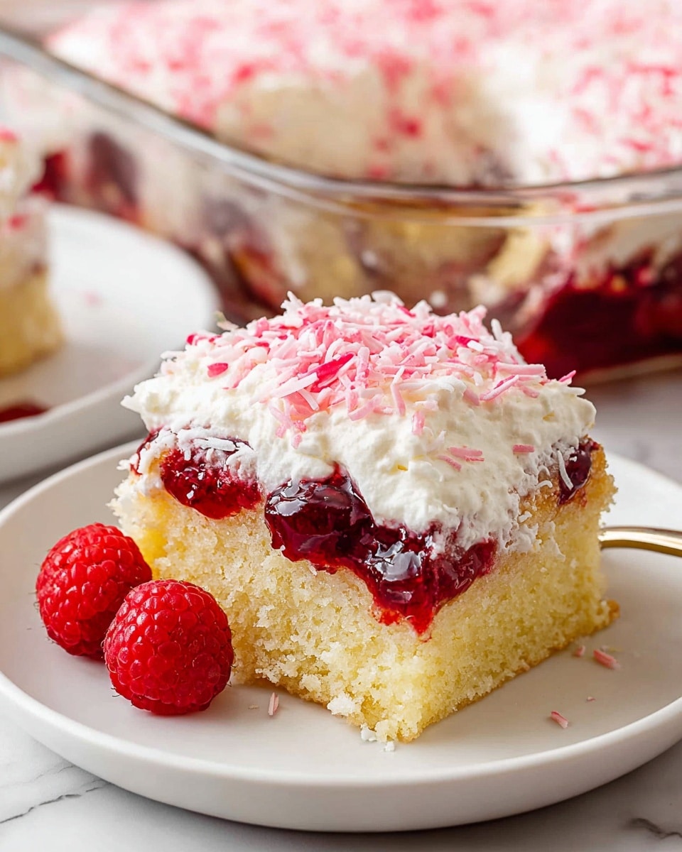 A piece of cake with three visible layers sits on a white plate: the bottom layer is a light yellow moist cake, the middle layer is a dark red jam with visible fruit bits, and the top layer is white cream topped with pink shredded coconut. Two red raspberries rest beside the cake on the plate. In the background, there is a glass baking dish filled with the same cake showing the three layers clearly, all placed on a white marbled surface. Photo taken with an iphone --ar 4:5 --v 7