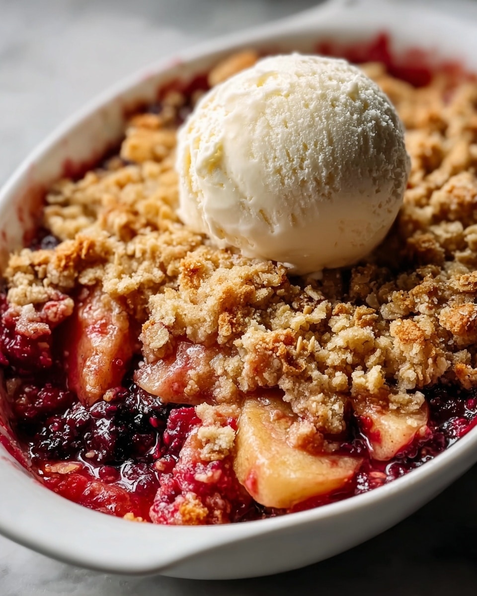 A close-up image of a fruit crumble dessert in a white oval dish, showing three main layers: the bottom layer is a deep red and juicy mix of berries and apple chunks, the middle layer is a golden brown, crumbly, and crunchy oat topping covering most of the fruit, and the top layer is a single round scoop of creamy vanilla ice cream sitting in the center on top of the crumble. The dish is placed on a white marbled surface, and the cold melting ice cream slightly blends with the warm crumble underneath creating a soft texture where they meet; photo taken with an iphone --ar 4:5 --v 7