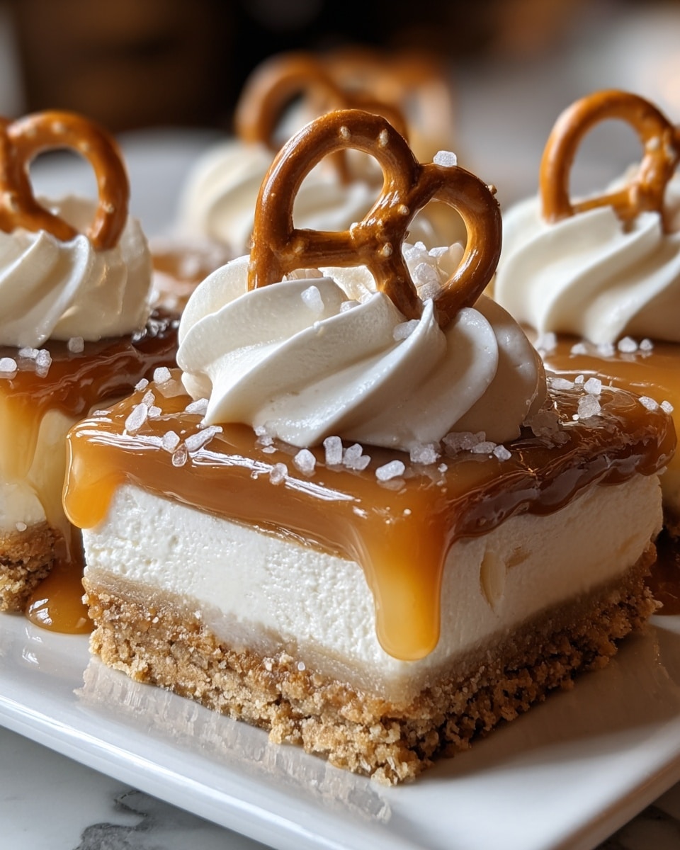 A close-up view of a dessert bar with three clear layers: the bottom layer is a crumbly light brown crust, the middle layer is a thick and creamy white filling, and the top layer is a shiny caramel drizzle that slightly spills over the edge. On top of the caramel, there are tall swirls of white whipped cream, each crowned with a golden-brown pretzel sprinkled with coarse white salt crystals. The dessert is placed on a white rectangular plate, set against a soft, warm light with a white marbled texture background. photo taken with an iphone --ar 4:5 --v 7