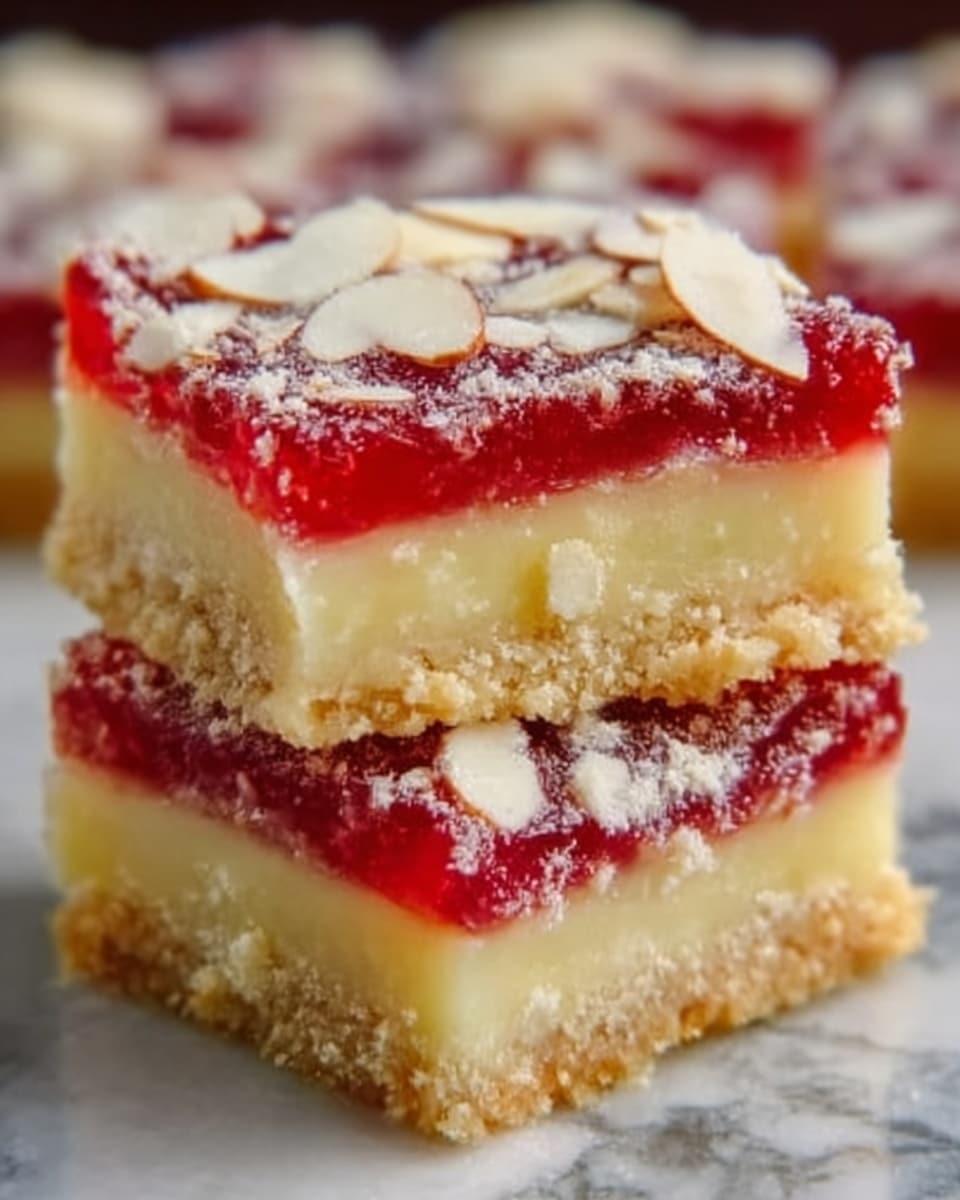 The image shows two square dessert bars stacked on a white marbled surface. Each bar has three clear layers: the bottom layer is a light golden crumbly crust, the middle layer is a smooth pale yellow creamy filling, and the top layer is a bright red jelly-like fruit topping with a slightly glossy texture. On top of the red layer, there are scattered small white almond slices adding a crunchy texture. The bars look soft and moist with a slight crumbly edge. Photo taken with an iphone --ar 4:5 --v 7