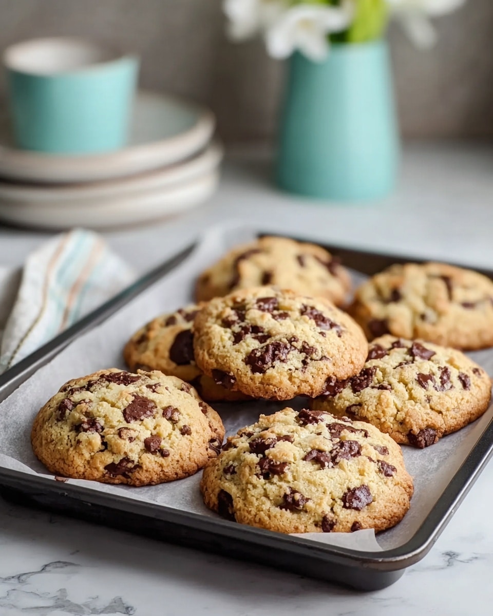 Six thick, golden-brown chocolate chip cookies with rough, crumbly texture and dark chocolate chunks spread evenly inside each cookie sit on a black baking tray lined with parchment paper. The cookies are round with slightly uneven edges, showing a homemade look. The tray rests on a white marbled texture surface. In the background, there is a stack of white plates, a turquoise cup, and a white vase with white flowers visible but out of focus. Photo taken with an iphone --ar 4:5 --v 7
