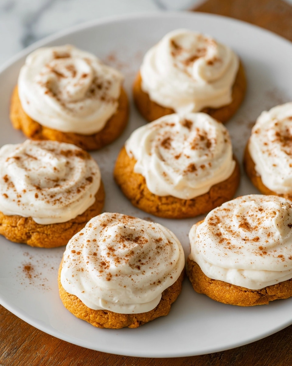 A white plate holds seven round cookies, each with two visible layers: the bottom layer is a soft, orange-colored cookie with a slightly rough texture, and the top layer is a generous swirl of smooth, white frosting sprinkled evenly with brown cinnamon powder. The plate sits on a wooden surface, which contrasts with the white marbled texture that fills the background. The cookies are closely placed, with some edges touching. photo taken with an iphone --ar 4:5 --v 7