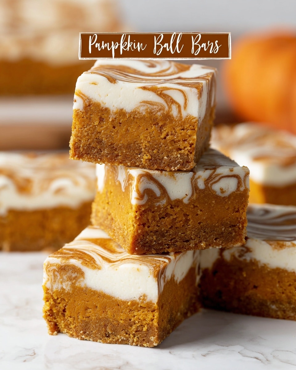 The image shows close-up views of pumpkin roll bars stacked in pairs on a white marbled surface. Each bar has two layers: a thick bottom layer of moist, crumbly pumpkin cake in warm orange color, and a creamy top layer of light cream cheese swirled with pumpkin-orange ribbons, creating a marbled effect. The bars have clean edges, and the texture of the cake is soft and slightly porous, contrasting with the smooth, velvety top layer. The background is softly blurred to keep focus on the bars, making their textures and colors stand out vividly. Photo taken with an iphone --ar 4:5 --v 7