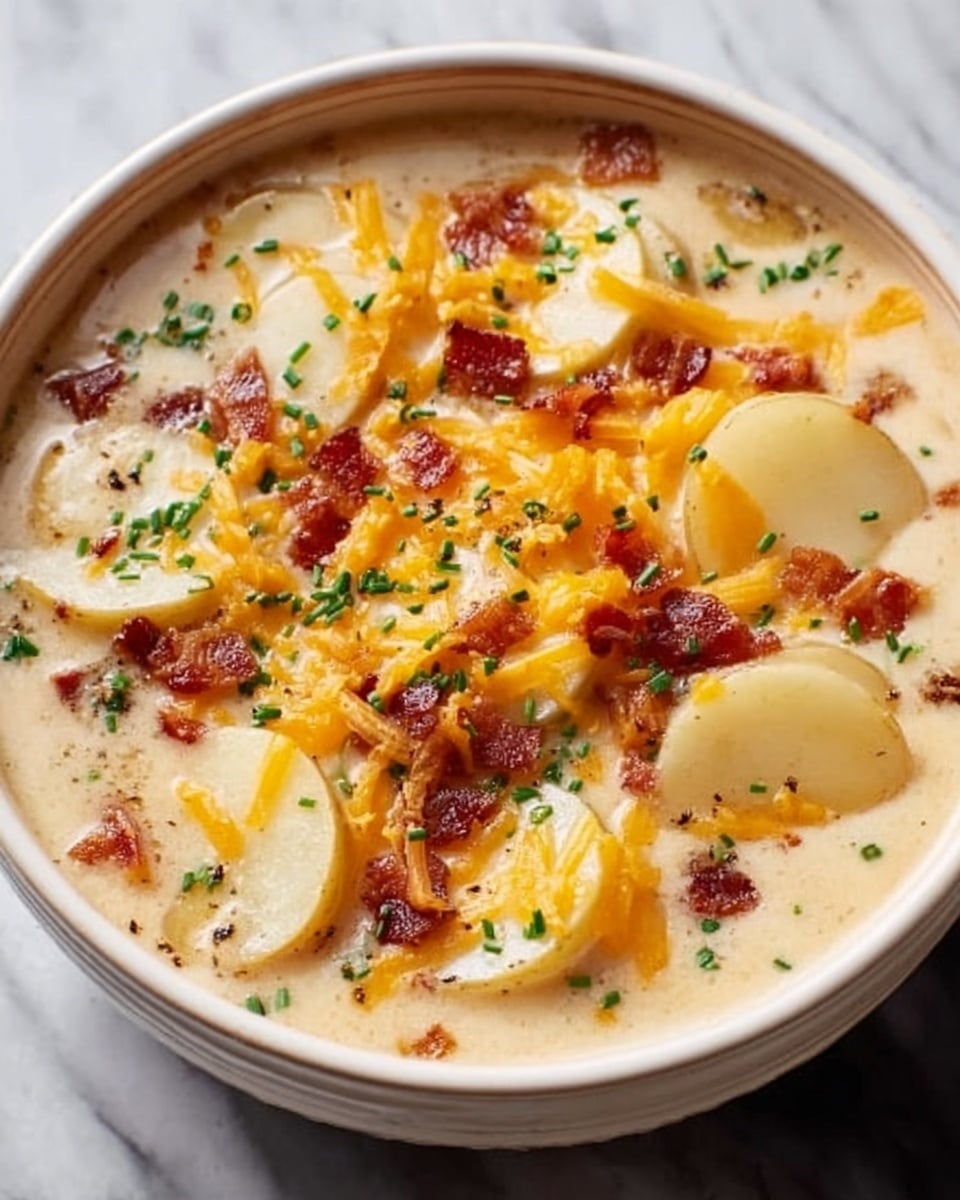 A white bowl is filled with a creamy dish made of sliced potato rounds layered thickly, covered in a rich cheese sauce that looks smooth and slightly yellow. On top, there are small bits of crispy bacon scattered evenly, adding a reddish-brown contrast. Green chopped herbs are sprinkled across the surface, giving a fresh touch. The overall look shows the soft potatoes soaking in the cheesy sauce with the bacon bits and herbs on top for texture and color. The bowl is sitting on a white marbled surface. photo taken with an iphone --ar 4:5 --v 7