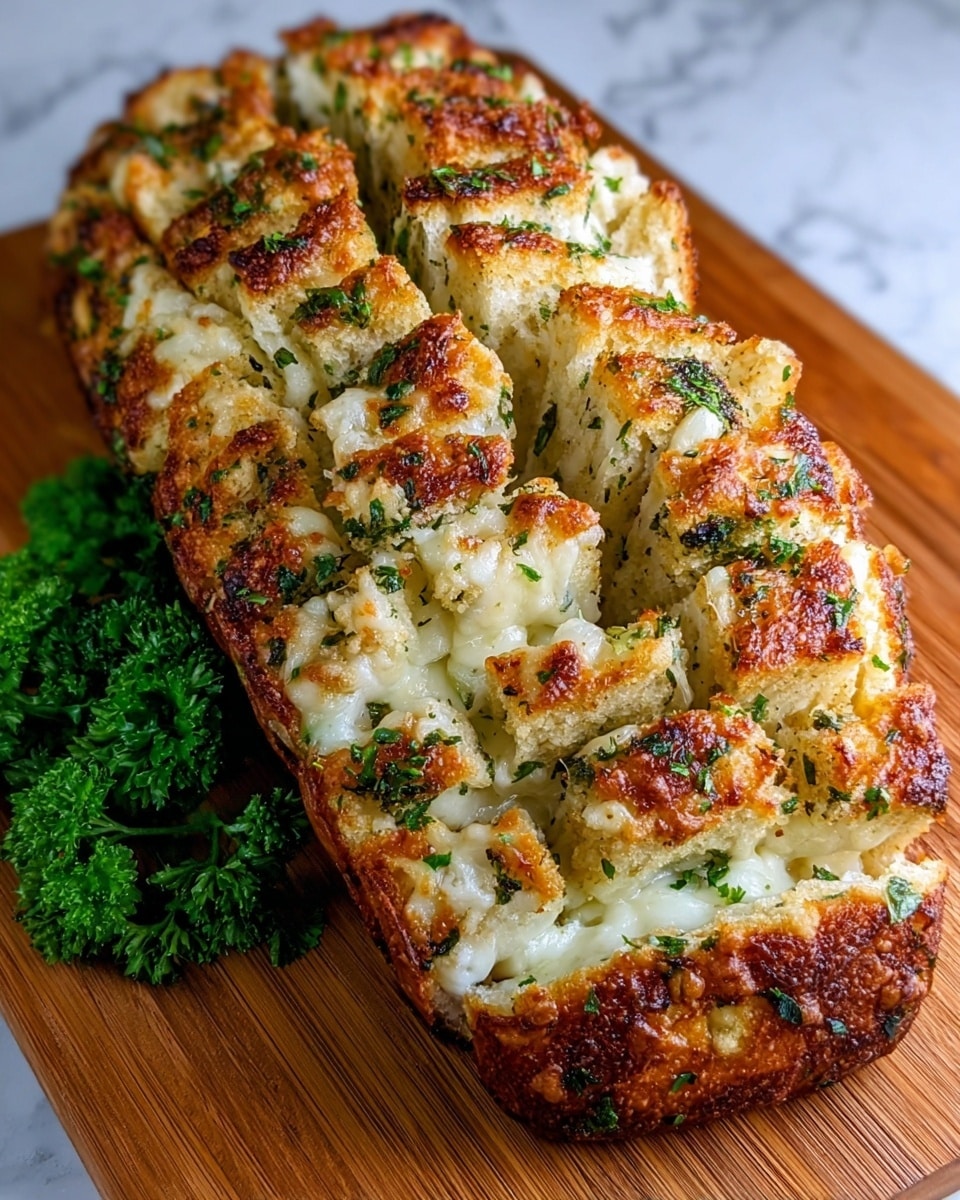 The dish shows a loaf of pull-apart garlic cheese bread sliced into thick pieces, each layer made with a golden brown, crispy crust on the outside and gooey melted white cheese inside. Green herbs are sprinkled throughout the bread, adding color and texture. The bread is placed on a wooden board, with a small bunch of fresh green parsley beside it. The crispy cheese on the bread edges has a slightly browned, bubbly look with herbs scattered on top. The whole scene sits on a white marbled textured surface. photo taken with an iphone --ar 4:5 --v 7