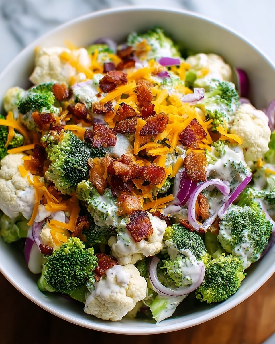 A white bowl filled with a fresh salad made of several layers: the base layer shows bright green broccoli florets and white cauliflower pieces, mixed with thin slices of purple onion. On top, small crispy pieces of brown bacon are scattered evenly over the vegetables. There are also thin shreds of orange cheddar cheese spread all around, and the entire salad is lightly coated with a creamy white dressing, giving a shiny texture. The background is a white marbled surface, and the photo is taken up close to show the salad’s colors and textures clearly. photo taken with an iphone --ar 4:5 --v 7