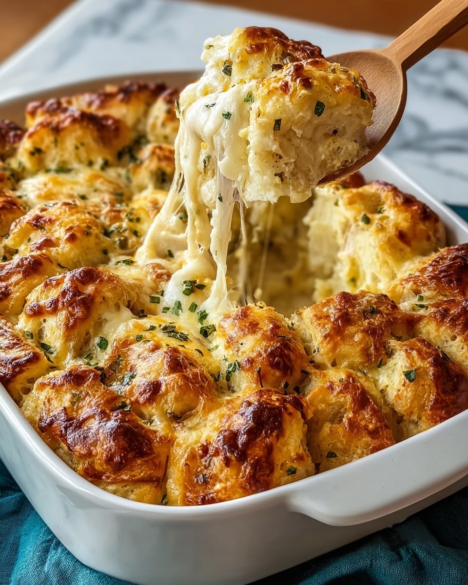 The dish shows a loaf of pull-apart garlic cheese bread sliced into thick pieces, each layer made with a golden brown, crispy crust on the outside and gooey melted white cheese inside. Green herbs are sprinkled throughout the bread, adding color and texture. The bread is placed on a wooden board, with a small bunch of fresh green parsley beside it. The crispy cheese on the bread edges has a slightly browned, bubbly look with herbs scattered on top. The whole scene sits on a white marbled textured surface. photo taken with an iphone --ar 4:5 --v 7