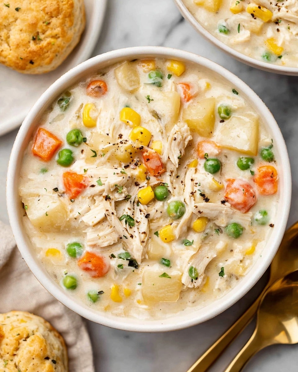 A close-up view of a white bowl filled with creamy chicken pot pie soup showing multiple layers: a thick, creamy white base with visible chunks of shredded white chicken placed evenly around the bowl; bright orange carrot pieces, green peas, yellow corn kernels, and pale white potato chunks are mixed throughout the soup creating a colorful, textured look; freshly cracked black pepper is sprinkled on top as garnish. The bowl is set on a white marbled surface with a partially visible biscuit and a gold spoon nearby. Photo taken with an iphone --ar 4:5 --v 7