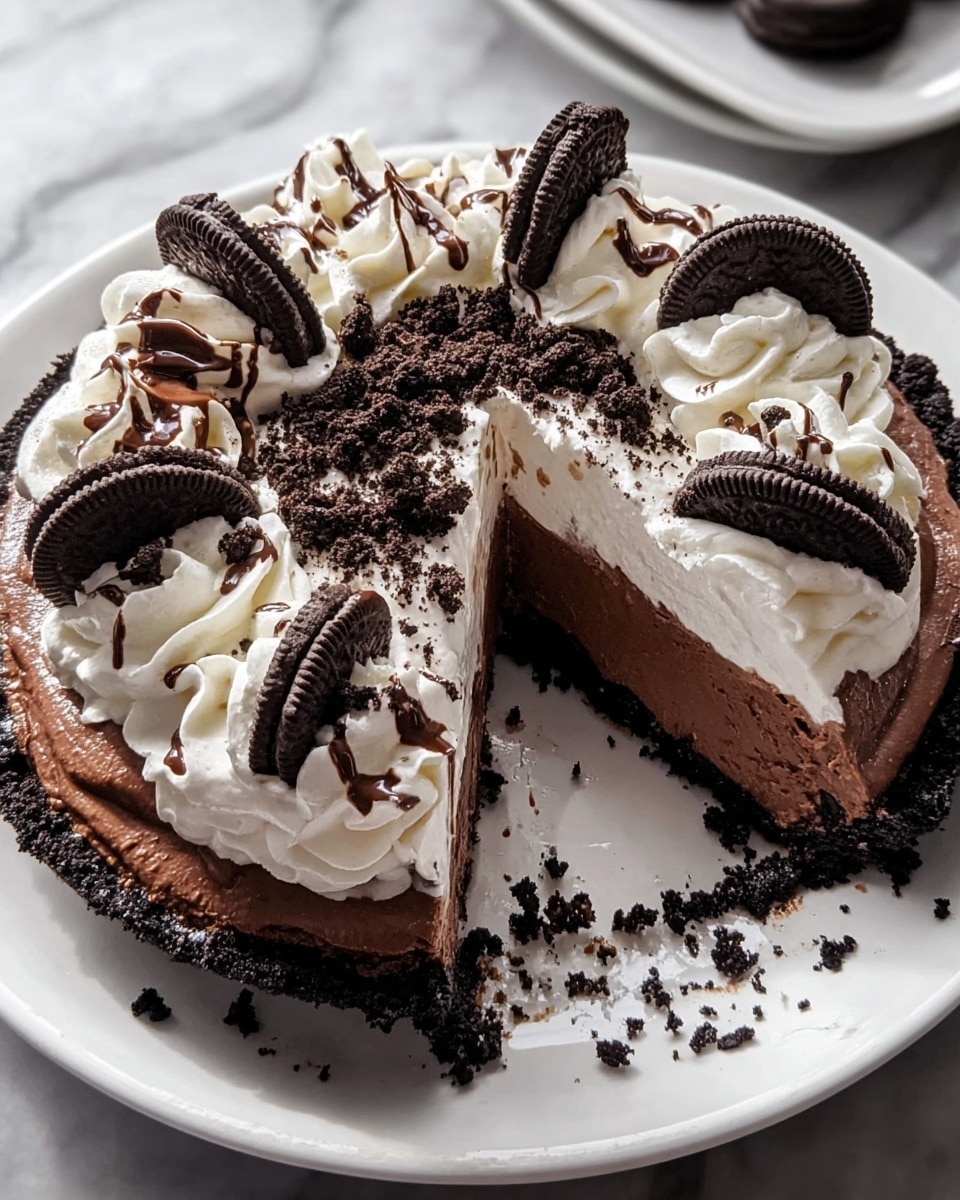 The image shows a three-layered pie on a white plate set on a white marbled surface. The bottom layer is a dark, crumbly cookie crust. Above it is a thick, smooth chocolate filling that looks rich and creamy. The top layer is a bright white whipped cream spread evenly over the chocolate layer. Swirls of whipped cream decorate the edges of the pie, each topped with half pieces of black sandwich cookies, standing up around the pie's circle. Some cookie crumbs and small drizzles of chocolate sauce are scattered on top of the whipped cream, adding texture and detail. A slice has been removed, showing the even layers inside clearly, and some crumbs are left on the plate. Photo taken with an iphone --ar 4:5 --v 7