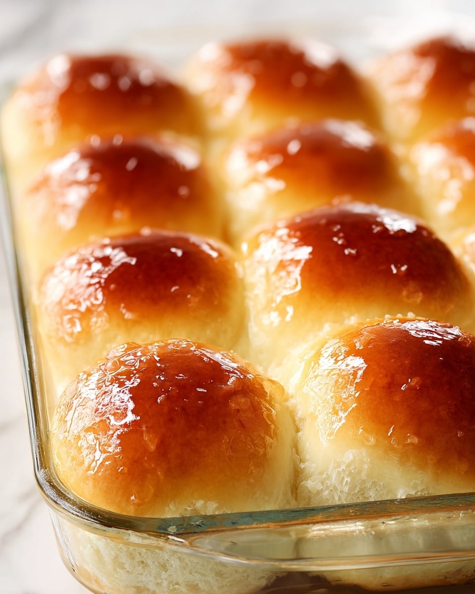 A close-up view of nine golden brown dinner rolls closely packed in a clear glass baking dish. Each roll has a shiny, glazed top with a smooth and slightly textured surface, showing a warm gradient from a deeper amber to a lighter golden color near the sides. The rolls appear soft and fluffy with a light, airy crumb peeking through at the edges where they touch. The dish sits on a white marbled surface, with bright natural light highlighting the glossy tops and casting soft shadows between the rolls. The overall scene feels warm, fresh, and inviting. photo taken with an iphone --ar 4:5 --v 7