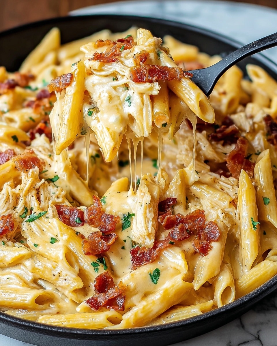 A close-up view of a creamy penne pasta dish served in a black skillet placed on a white marbled surface. The pasta is coated in a rich, smooth cheese sauce with layers of melted shredded cheese clearly visible, stretching as a black fork lifts a portion. Crispy, browned bacon pieces are scattered on top, adding texture and color contrast with their deep red tones. Fresh green herb bits are sprinkled evenly, offering a pop of color against the golden-yellow pasta and creamy cheese. The dish looks warm, cheesy, and inviting. photo taken with an iphone --ar 4:5 --v 7