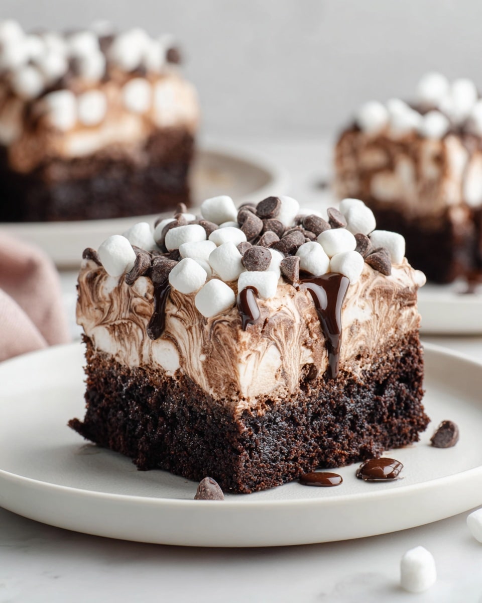 A square piece of chocolate cake sits on a white plate placed on a white marbled surface. The cake has three clear layers: the bottom layer is dark, moist chocolate cake, the middle layer is creamy light brown frosting with swirls of melted chocolate, and the top layer is a fluffy lighter brown frosting thickly spread. On top, there is a generous pile of small white marshmallows and scattered chocolate chips. Rich dark chocolate syrup is drizzled over the marshmallows and sides, slightly dripping down the cake. In the blurred background, more pieces of the same cake are visible on a white plate. photo taken with an iphone --ar 4:5 --v 7