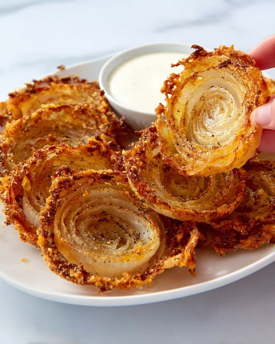 A white plate on a white marbled surface holds several round, crispy onion slices with a golden brown, crunchy outer layer showing detailed concentric rings of the onion inside. The onion slices appear lightly seasoned and fried to a crisp texture. Near the top of the plate, there is a small white bowl filled with a creamy white dipping sauce. A woman's hand is lifting one of the onion slices, showing its layered texture clearly. Photo taken with an iphone --ar 4:5 --v 7
