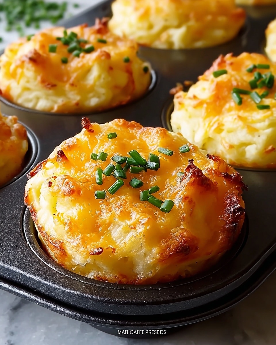 A close-up view of three cheesy mashed potato puffs baked in a black muffin tin. Each puff has a soft, fluffy base of light golden mashed potatoes, topped with a layer of melted, slightly browned cheddar cheese that adds a crispy texture on the edges. Bright green chopped chives are sprinkled on top of the cheese, adding a fresh contrast to the warm, creamy golden colors of the puffs. The muffin tin rests on a white marbled surface, enhancing the warm tones of the dish. photo taken with an iphone --ar 4:5 --v 7