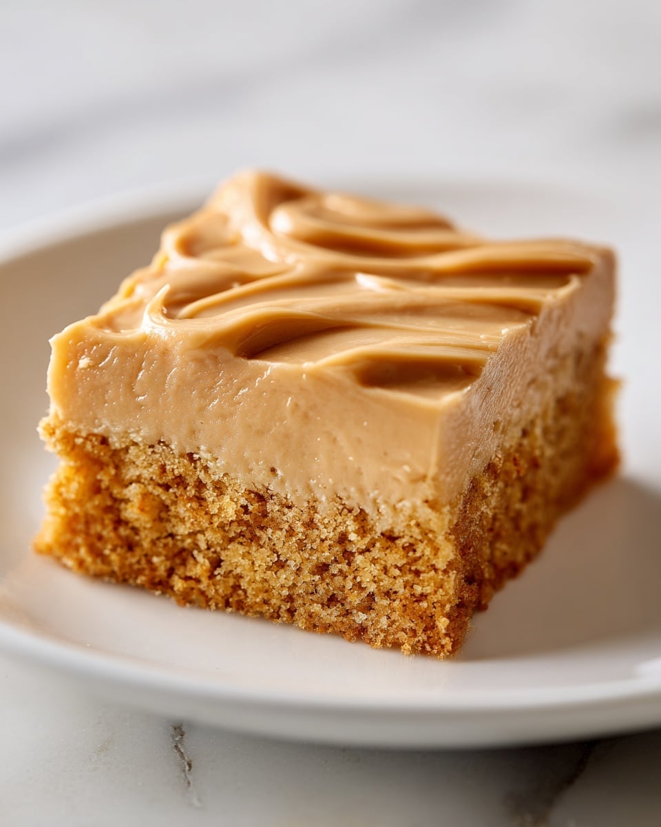 A close-up view of a square piece of cake on a white plate placed on a white marbled surface. The cake has two distinct layers: a thick bottom layer that is golden brown with a crumbly, slightly grainy texture, and a top layer of smooth, creamy frosting in a light caramel color. The frosting is evenly spread with soft, wavy ridges visible across the surface, giving it a rich look. The warm tones of the cake and frosting contrast softly against the clean, white plate and background. photo taken with an iphone --ar 4:5 --v 7