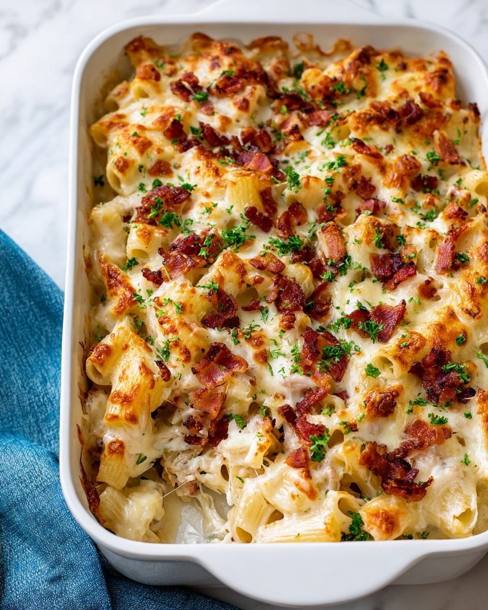 A white rectangular baking dish filled with a creamy baked pasta casserole, showing one main layer of short tubular pasta coated in melted white cheese sauce. The top is golden brown with bubbly, slightly crisped cheese, scattered with small pieces of crispy reddish-brown bacon and sprinkled with finely chopped green parsley. The pasta appears soft and well-coated with sauce, with edges of the dish lightly browned from baking, sitting on a white marbled texture surface with a blue cloth nearby. photo taken with an iphone --ar 4:5 --v 7
