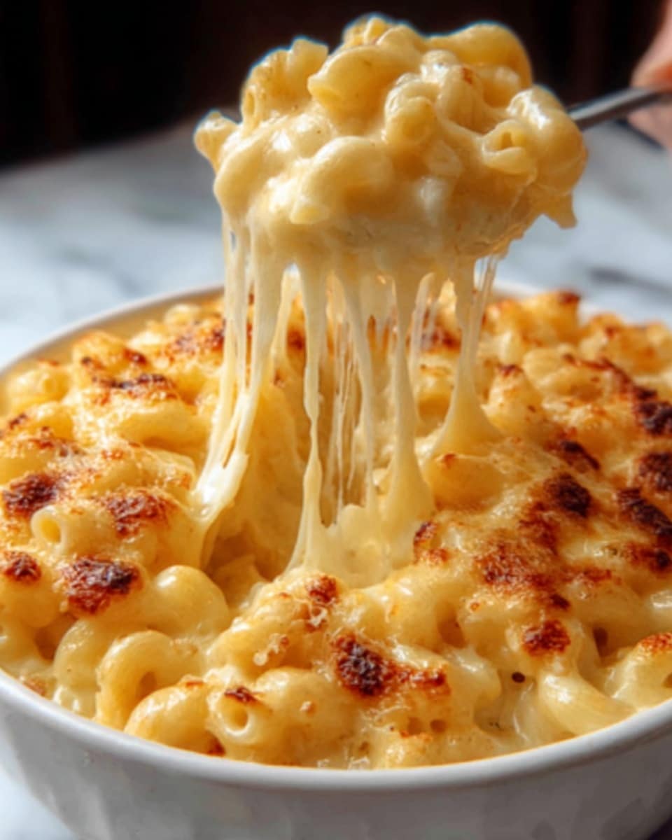 The image shows a close-up of a bowl filled with creamy macaroni and cheese, with one scoop being lifted by a woman's hand. The macaroni noodles are covered in melted, golden-yellow cheese that stretches in long strings from the bowl to the scoop. The top layer has some browned, crispy spots, adding texture and contrast to the smooth cheese underneath. The bowl is white and sits on a white marbled surface. Photo taken with an iphone --ar 4:5 --v 7