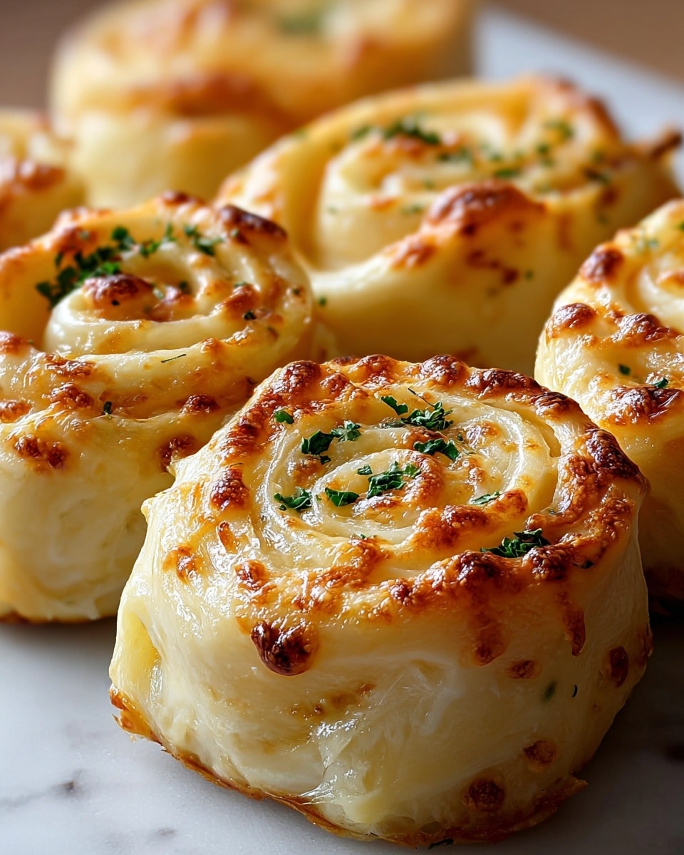 The image shows close-up golden brown cheese rolls with a soft creamy inside and a lightly crispy top. Each roll has visible layers of melted cheese spiraled from the center outwards, with a light sprinkling of finely chopped green herbs on top. The texture of the rolls looks soft and slightly glossy with small browned spots from baking. The rolls are placed side by side on a white marbled surface. Photo taken with an iphone --ar 4:5 --v 7