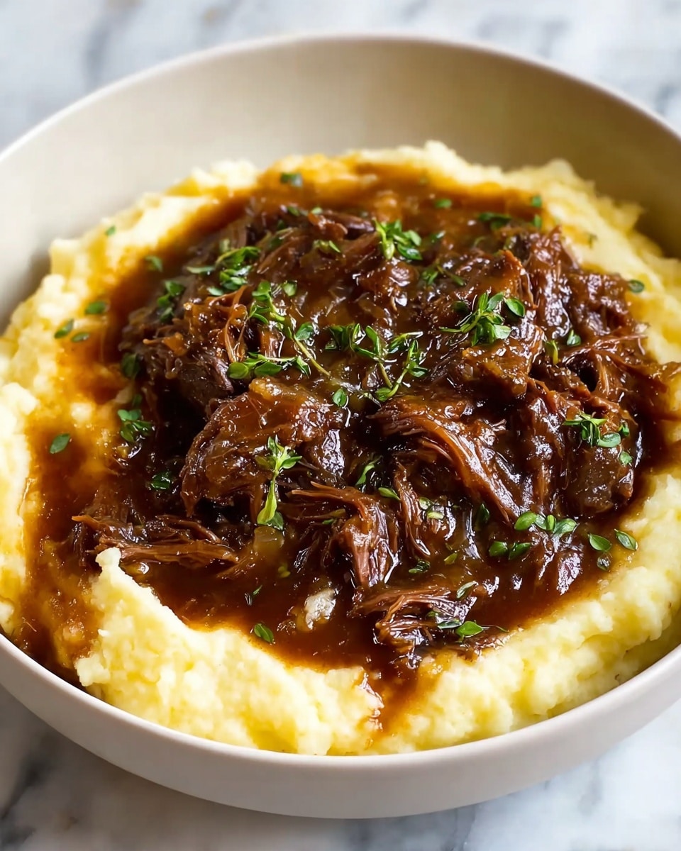 A bowl filled with two layers: the bottom layer is creamy mashed potatoes with a smooth and fluffy texture in a pale yellow color, spread evenly to cover the bowl's base; on top, there is a generous serving of shredded beef in a rich dark brown gravy that glistens, with visible small chunks of onions and fresh green herb sprigs scattered over for garnish. The bowl is white and set on a white marbled surface. photo taken with an iphone --ar 4:5 --v 7