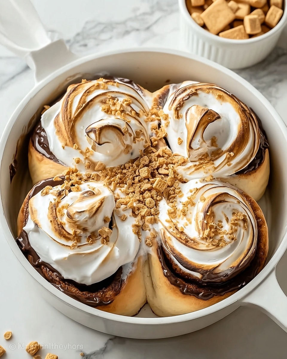 A round white pan holds four cinnamon roll-like swirls of soft, golden-baked dough. Each swirl is generously topped with a rich, dark chocolate spread beneath a thick layer of toasted white meringue that has golden brown tips and slightly browned edges. The meringue forms smooth, creamy peaks curling inward in a spiral pattern that mirrors the swirls of the dough. Crushed beige crumbs are sprinkled in the center where the rolls meet, adding texture and contrast. The pan is placed on a white marbled surface with a white bowl of light brown, square snack pieces visible in the background. Photo taken with an iphone --ar 4:5 --v 7
