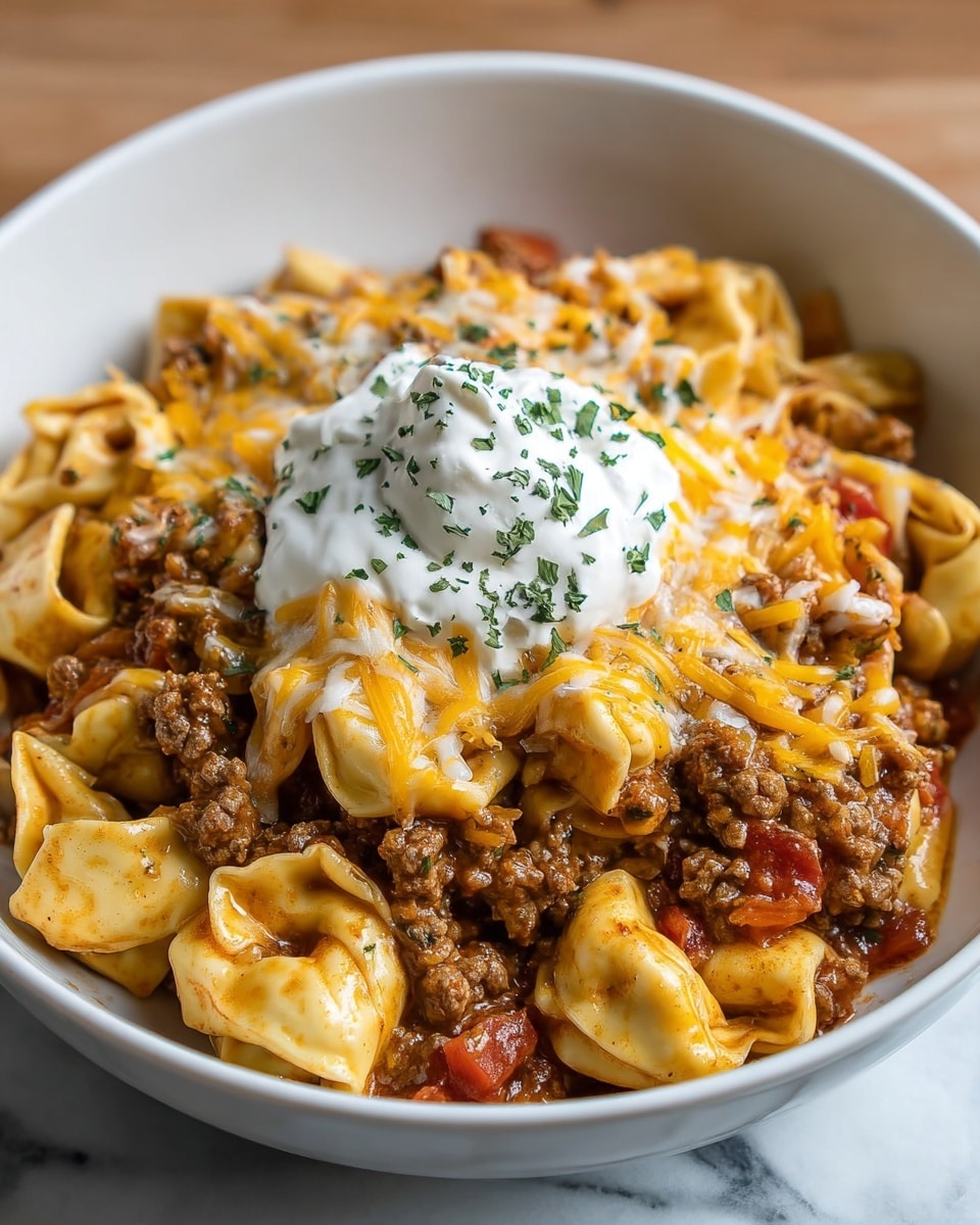 The dish is a bowl of tortellini pasta mixed with cooked ground meat and diced tomatoes, creating a textured base layer of warm brown and red colors. On top, there is a layer of melted yellow and white shredded cheese covering the pasta and meat, adding a rich and creamy texture. In the center, there is a dollop of white sour cream sprinkled with small green herb flakes. The bowl is white and sits on a white marbled surface. Photo taken with an iphone --ar 4:5 --v 7