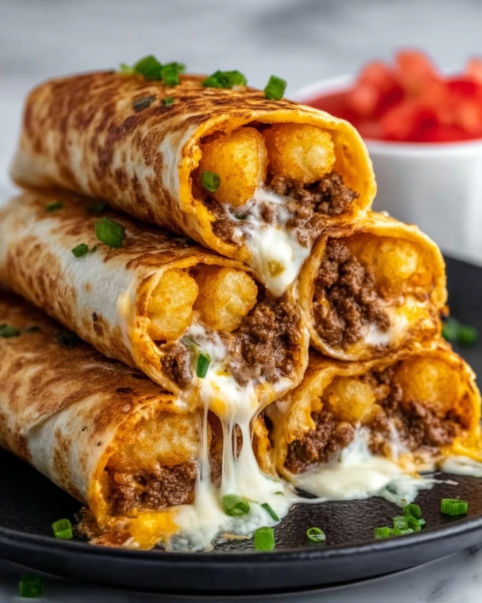 The image shows three rolled burritos stacked on a dark plate, each cut open to reveal layers inside. The burritos have a light brown, crispy tortilla on the outside. Inside, there are golden tater tots that look crunchy, melted white cheese stretching out, and cooked ground beef with a brown color mixed with bits of green onion on top. The burritos are placed on a white marbled surface, with a white bowl of chopped red tomatoes visible in the background. Photo taken with an iphone --ar 4:5 --v 7