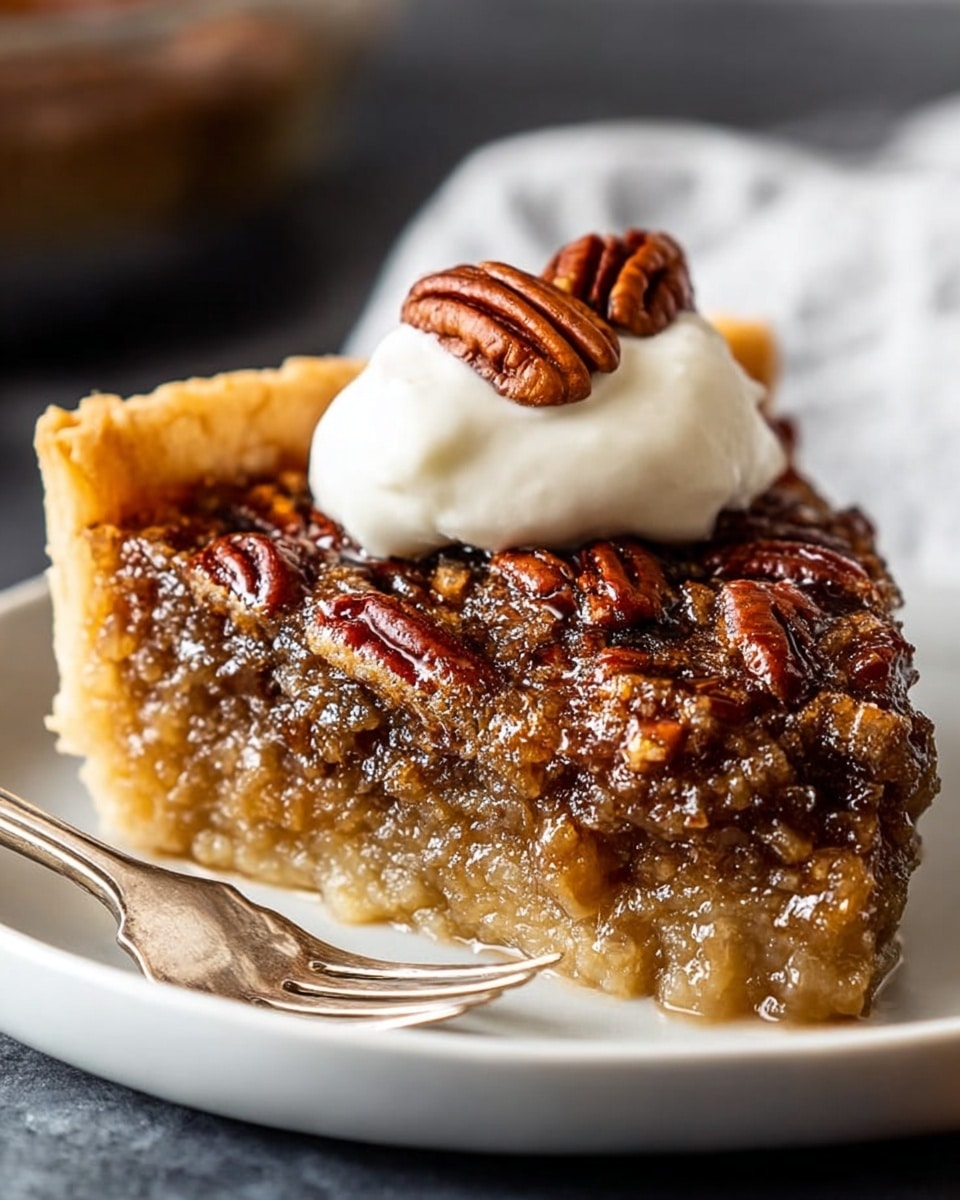 A close-up image of a piece of pecan pie on a white plate with a smooth, shiny dark brown nut topping layer filled with pecans and syrup, sitting on a thick, light golden crust base. On top of the pie is a small dollop of white creamy whipped topping garnished with two glossy whole pecans. A silver fork is placed on the right side of the plate, touching the pie. The background has a blurred white marbled texture. Photo taken with an iphone --ar 4:5 --v 7