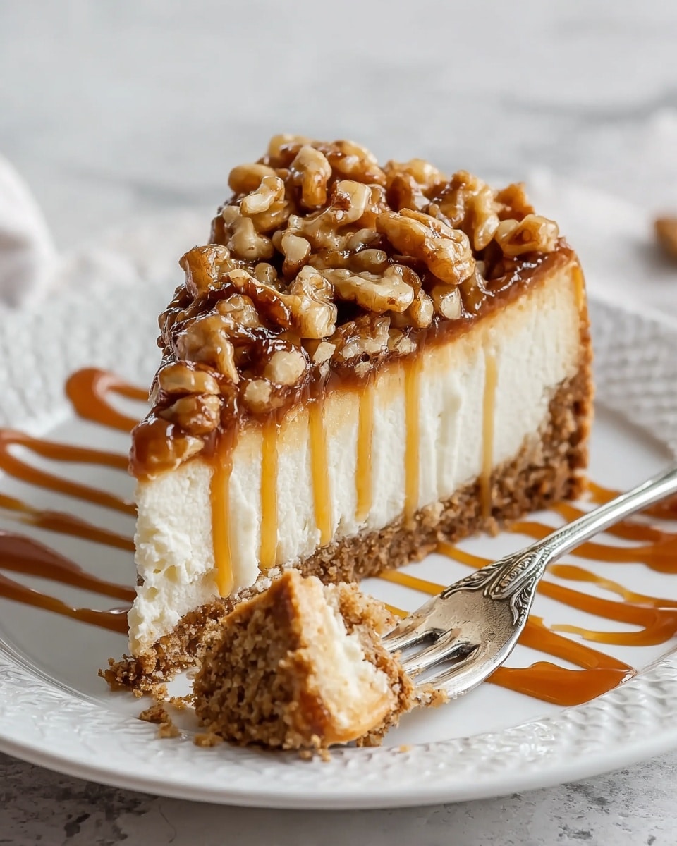 A slice of cheesecake is shown on a white textured plate with caramel sauce drizzled in wavy lines underneath and around it. The cheesecake has three visible layers, starting from the bottom with a crumbly brown crust that looks crunchy. Above this is a thick layer of creamy white cheese filling, smooth in texture. On top is a chunky mixture of chopped walnuts glazed with a shiny caramel sauce, dripping slightly down the sides. A silver fork rests on the plate with a small piece of cheesecake on its tines near the front. The scene is set on a white marbled texture surface. photo taken with an iphone --ar 4:5 --v 7