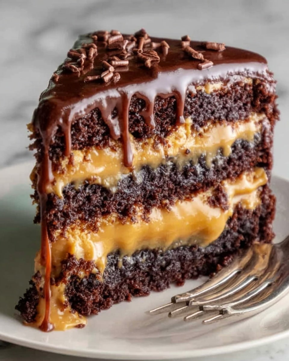 The image shows a rich chocolate cake slice with three layers of dark chocolate sponge separated by two thick layers of smooth, golden caramel. The top layer is covered with glossy dark chocolate ganache that drips slightly down the sides, with small chocolate bits sprinkled on top. The cake sits on a white plate, placed on a white marbled surface, and a woman's hand is holding a fork nearby. The textures of the caramel are creamy and shiny, contrasting with the moist and crumbly chocolate layers. Photo taken with an iphone --ar 4:5 --v 7