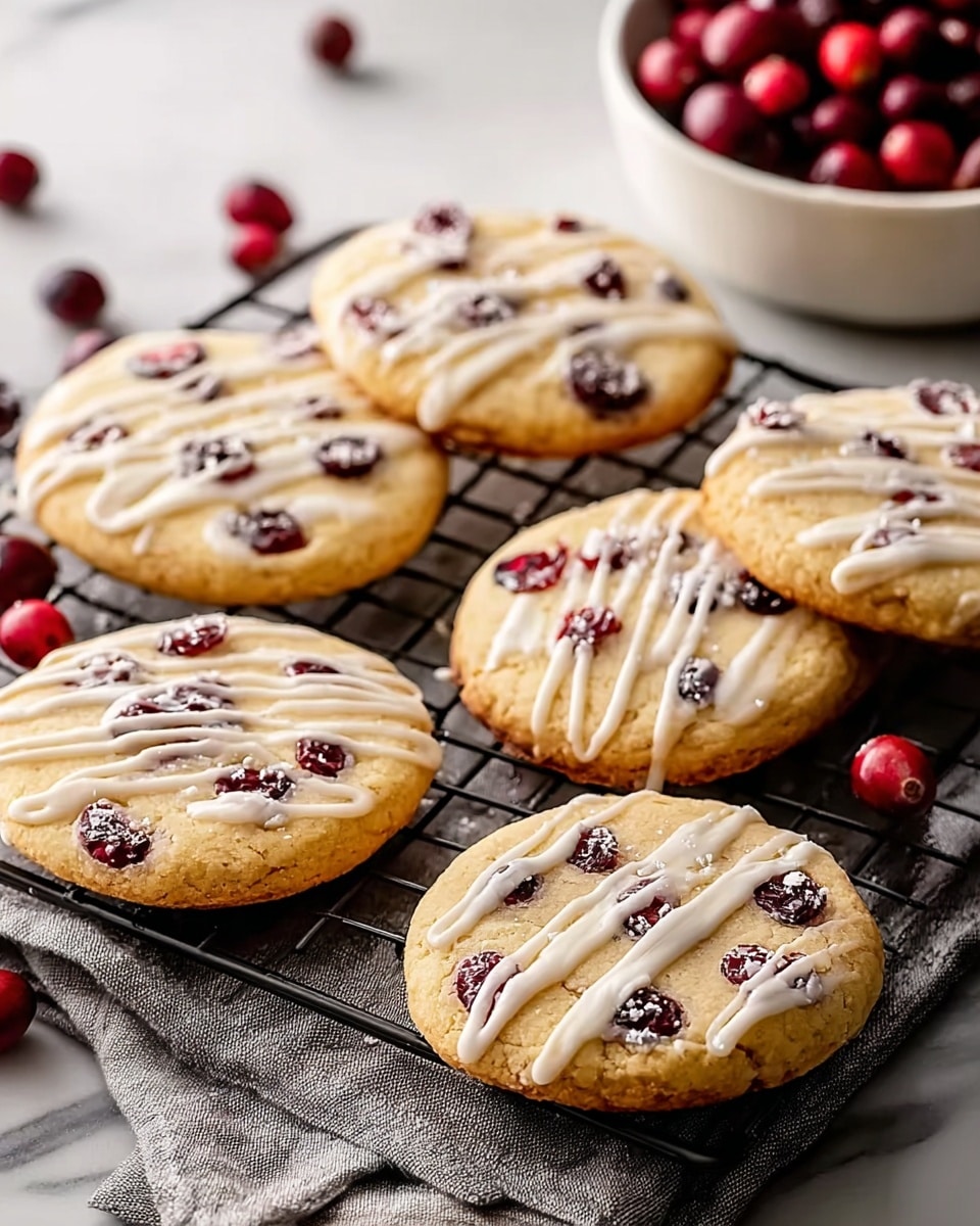 Six round cookies sit on a black cooling rack over a light brown cloth on a white marbled surface. Each cookie has a golden-brown base dotted with dark red cranberry pieces. On top is a layer of light cream-colored icing drizzled in horizontal lines, and a sprinkle of white powdered sugar adds a soft touch. In the background, there is a small white bowl filled with more dark red cranberries. The lighting highlights the slightly cracked texture of the cookies and the shiny glaze of the icing. Photo taken with an iphone --ar 4:5 --v 7