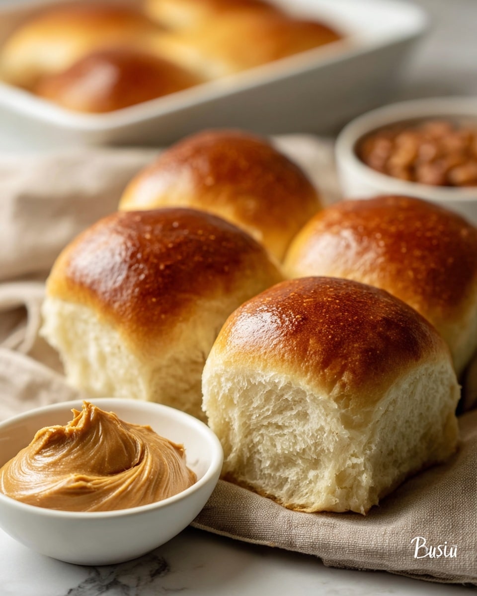 The image shows four soft, golden brown dinner rolls with a shiny top, arranged closely together on a beige cloth. The rolls have a light, fluffy texture inside visible in the front one. Next to the rolls is a small white bowl filled with creamy, smooth peanut butter, swirled on top. In the blurred background, there is a white rectangular dish containing more bread and beans in sauce. All items sit on a surface with a white marbled texture. photo taken with an iphone --ar 4:5 --v 7