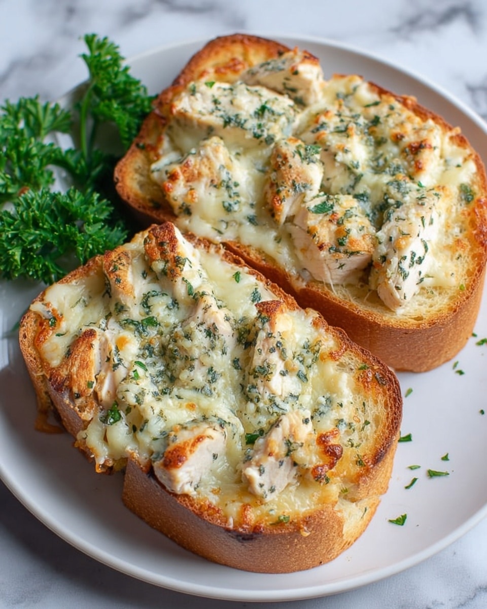 Two slices of toasted bread sit on a white plate on a white marbled surface. Each slice has a golden-brown crispy crust layer on the bottom, followed by a thick layer of soft, white bread. On top of the bread, pieces of cooked white chicken are arranged, covered with a thick layer of melted, bubbly, golden cheese. Small green herbs are sprinkled evenly over the top, adding a touch of color. A sprig of fresh green parsley is placed beside the slices on the plate. Photo taken with an iphone --ar 4:5 --v 7