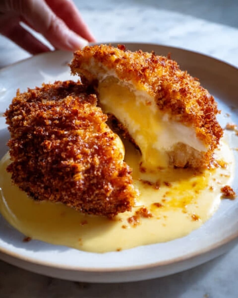 A white plate holds a round, golden-brown crispy fried dish that has been cut open to show the inside. The outer layer is crunchy and textured with small pieces making it look rough and crispy. Under that is a smooth, melted light yellow cheese layer that stretches slightly as the dish is pulled apart. The cheese sits over a soft inner layer that looks creamy and white. Creamy yellow sauce surrounds the base of the dish, pooling on the white marbled surface beneath the plate. A woman's hand is just touching the edge of the plate, ready to pick up the food. The light is soft and natural, showing the textures well. photo taken with an iphone --ar 4:5 --v 7